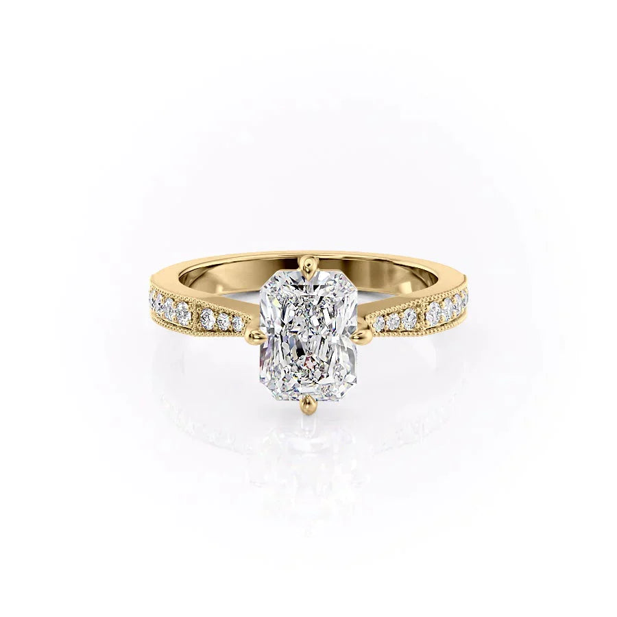 The Rebecca Set  With A 4.5 Carat Radiant 18K Yellow Gold Moissanite