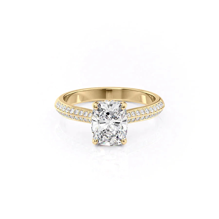The Kayla Set  With A 5 Carat E. Cushion 18K Yellow Gold Moissanite