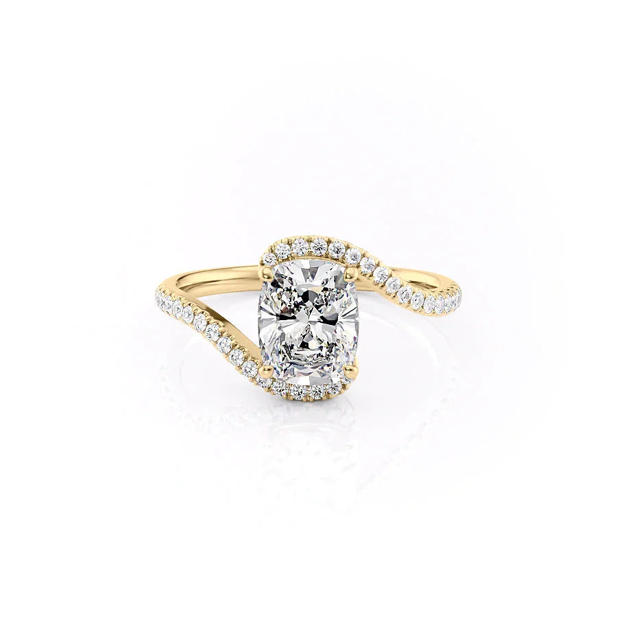 The Pave Skyler Set With A 3 Carat E. Cushion 18K Yellow Gold Lab Diamond