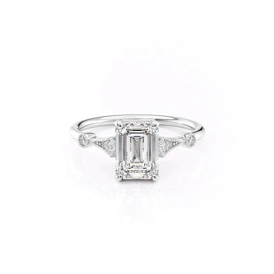 The Amber Set  With A 1 Carat Emerald 18K White Gold Moissanite