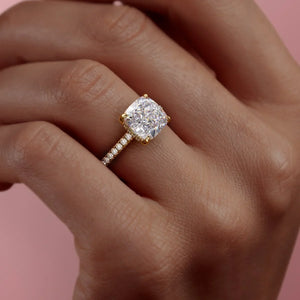 The Natalie Set  With A 3 Carat Cushion 14K Yellow Gold Moissanite