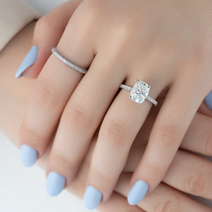 The Pave Natalie Set With A 1.5 Carat E. Cushion 18K White Gold Lab Diamond