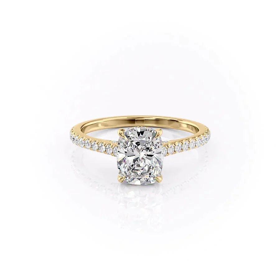 The Pave Natalie Set With A 3 Carat E. Cushion 14K Yellow Gold Lab Diamond