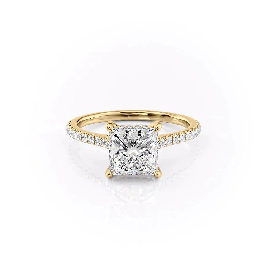 The Pave Natalie Set With A 1 Carat Princess 18K Yellow Gold Lab Diamond