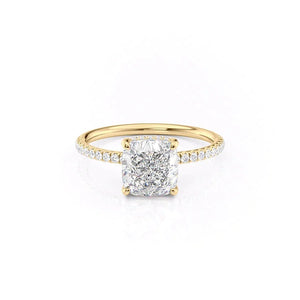 The Low Profile Kamellie Set  With A 3 Carat Cushion 14K Yellow Gold Solitaire Moissanite