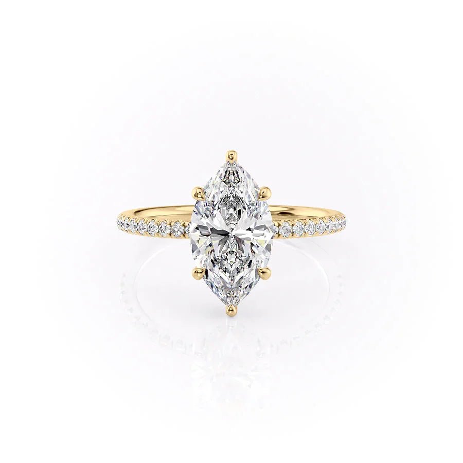 The Low Profile Kamellie Set  With A 3 Carat Marquise 14K Yellow Gold Solitaire Moissanite