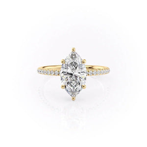 The Low Profile Kamellie Set  With A 3 Carat Marquise 14K Yellow Gold Solitaire Moissanite
