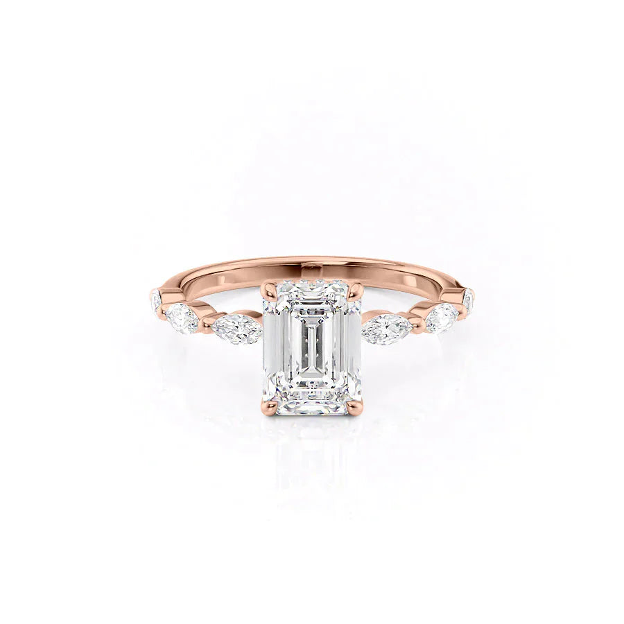 The Lucia Set Marquise  With A 1 Carat Emerald 14K Rose Gold Moissanite