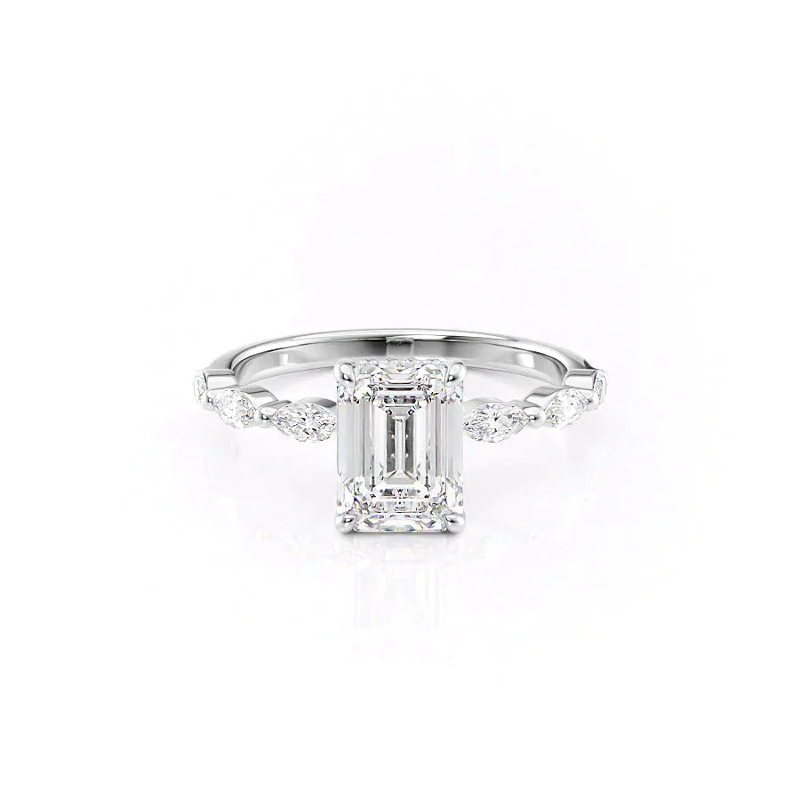 The Lucia Set Marquise  With A 3 Carat Emerald 14K White Gold Moissanite