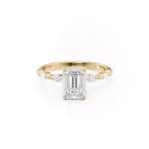 The Lucia Set Marquise  With A 3 Carat Emerald 18K Yellow Gold Moissanite
