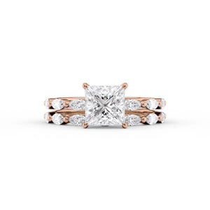 The Lucia Set Marquise  With A 3 Carat Princess 14K Rose Gold Moissanite