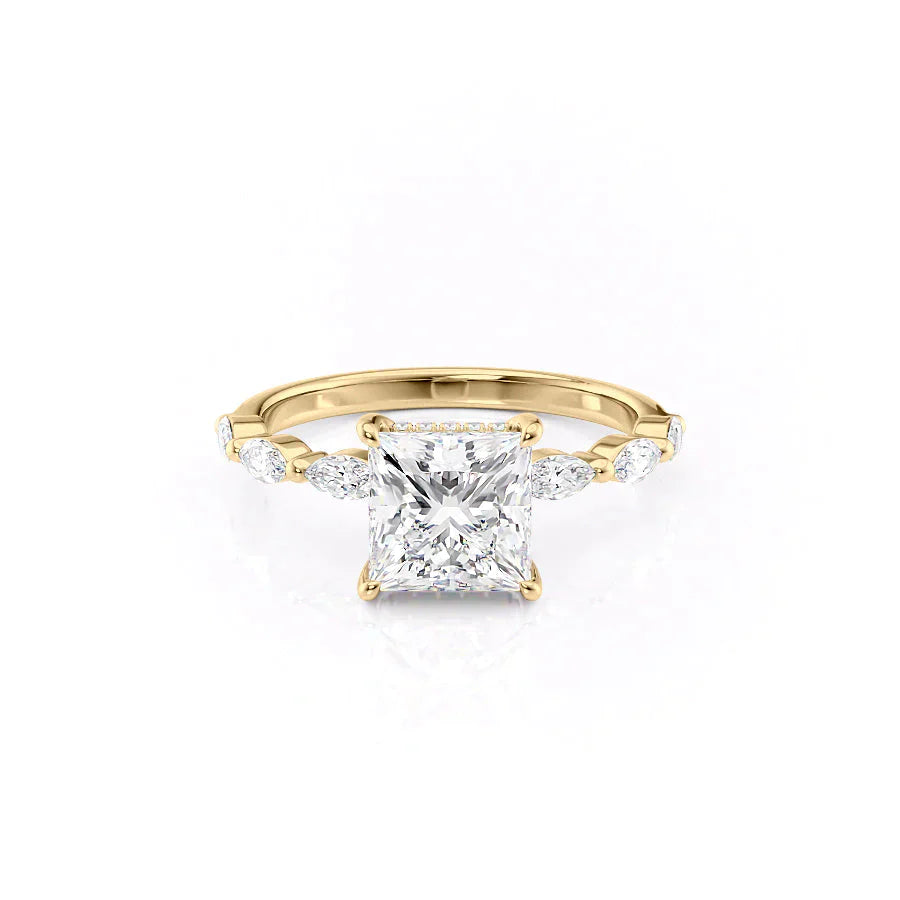 The Lucia Set Marquise  With A 3 Carat Princess 18K Yellow Gold Moissanite