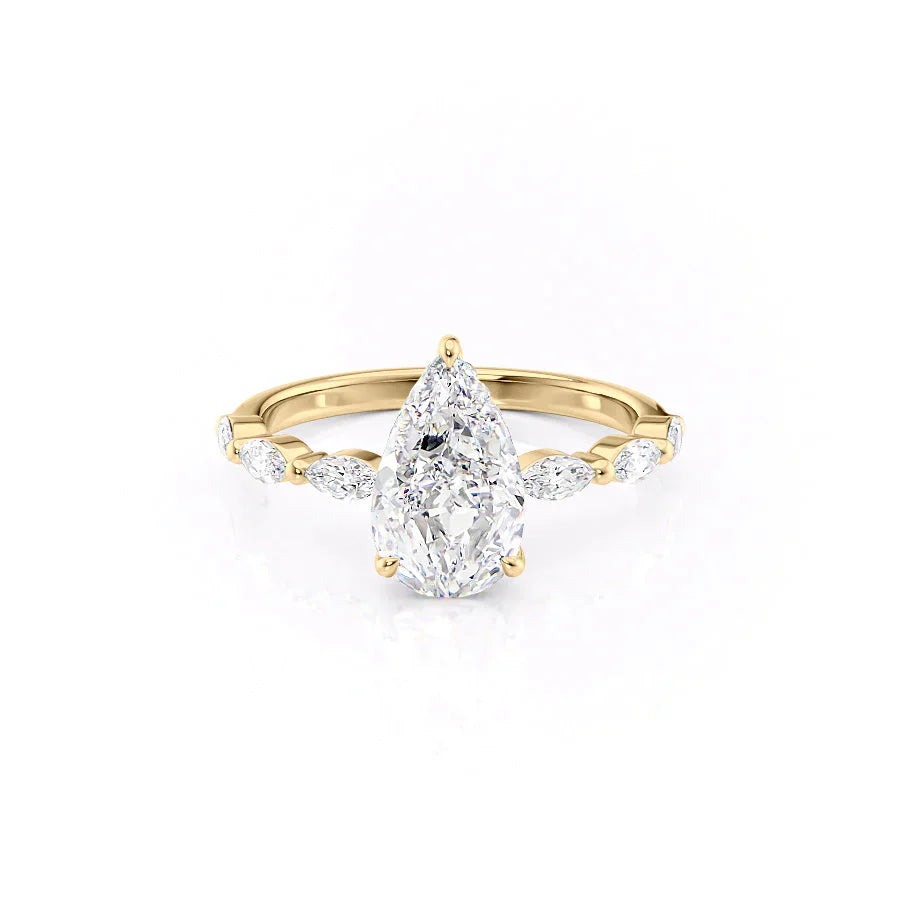 The Lucia Set Marquise  With A 3 Carat Pear 14K Yellow Gold Moissanite
