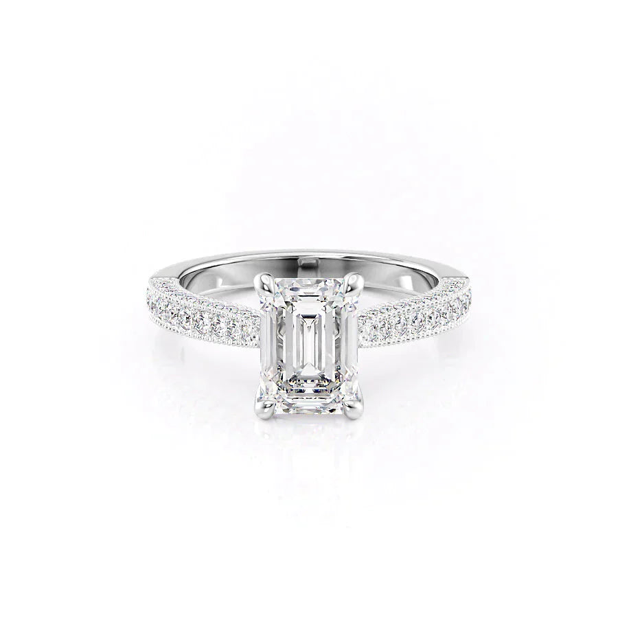 The Catherine Set  With A 3 Carat Emerald 14K White Gold Moissanite