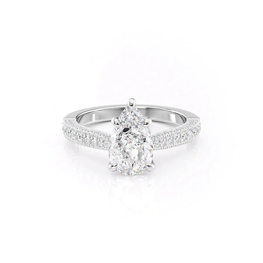 The Catherine Set  With A 4.5 Carat Pear 18K White Gold Moissanite