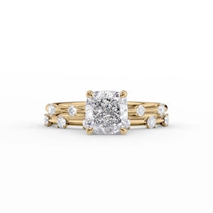 The Serena Set  With A 3 Carat Cushion 14K Yellow Gold Moissanite