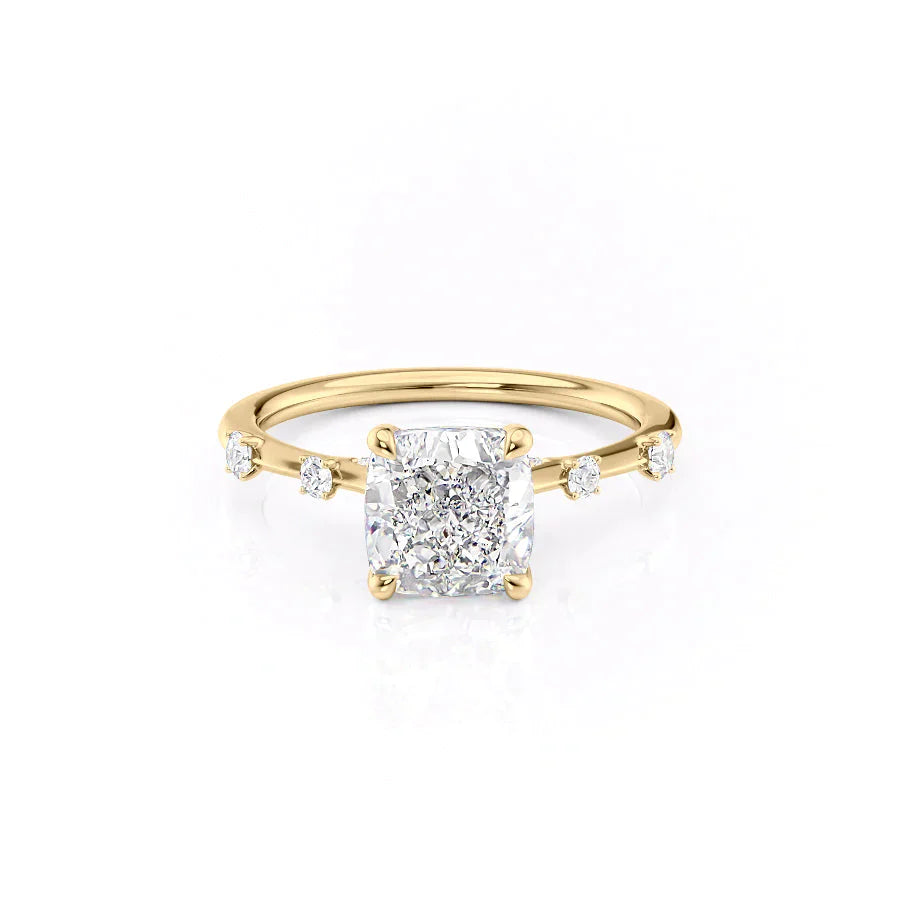 The Serena Set  With A 3 Carat Cushion 14K Yellow Gold Moissanite
