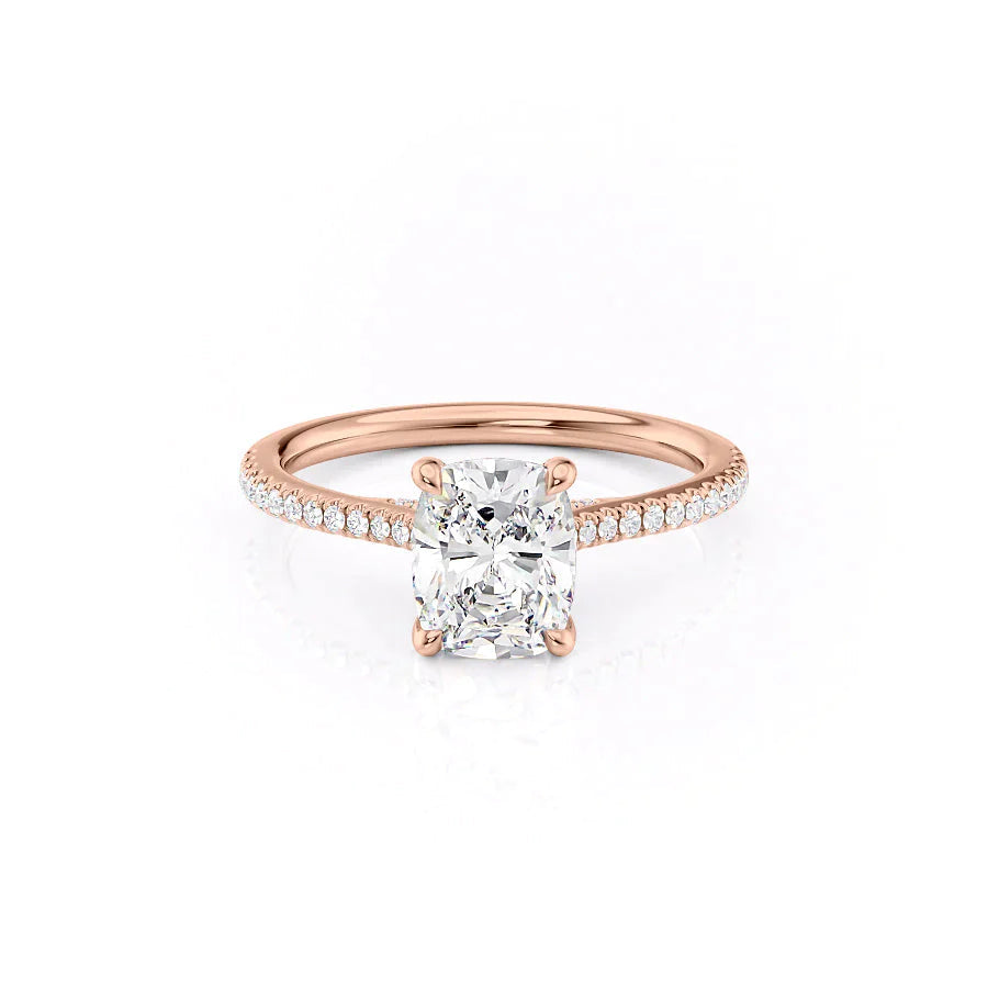 The Pave Claire Set  With A 1.5 Carat E. Cushion 14K Rose Gold Moissanite