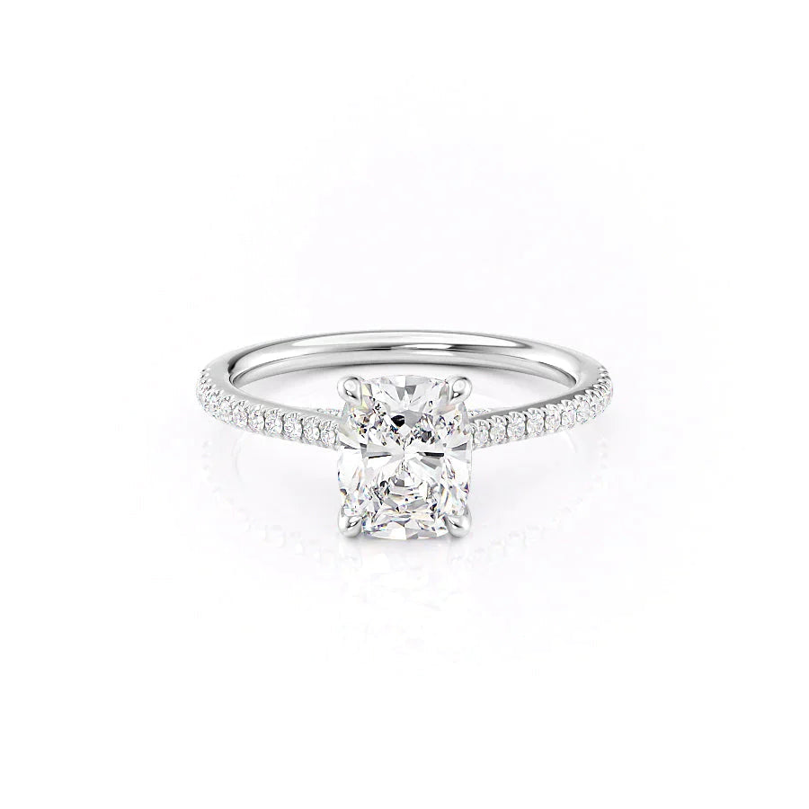 The Pave Claire Set  With A 3 Carat E. Cushion 14K White Gold Moissanite