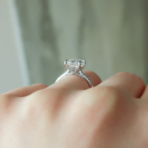 The Pave Claire Set  With A 5 Carat E. Cushion 14K White Gold Moissanite