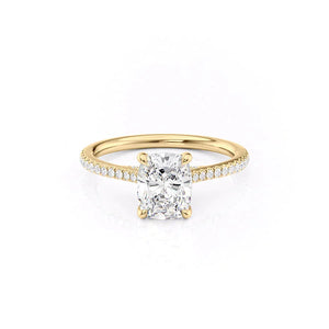 The Pave Claire Set  With A 5 Carat E. Cushion 18K Yellow Gold Moissanite