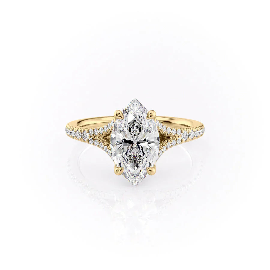 The Jade Set  With A 3 Carat Marquise 18K Yellow Gold Moissanite