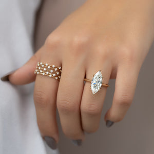 The Solitaire Madison Set  With A 4 Carat Marquise 14K Yellow Gold Moissanite