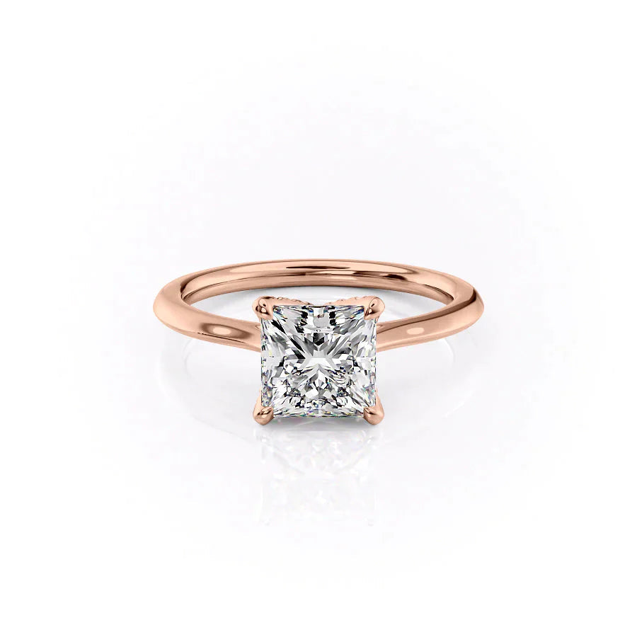 The Solitaire Madison Set  With A 4 Carat Princess 14K Rose Gold Moissanite