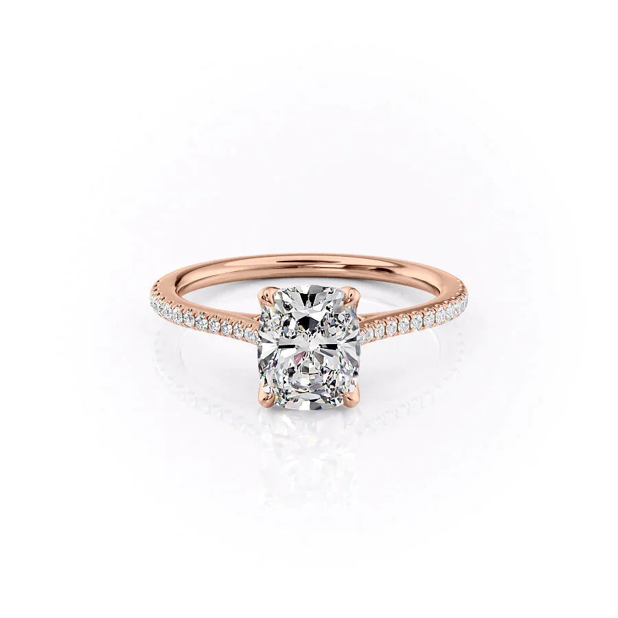 The Pave Madison Set With A 2.5 Carat E. Cushion 18K Rose Gold Lab Diamond