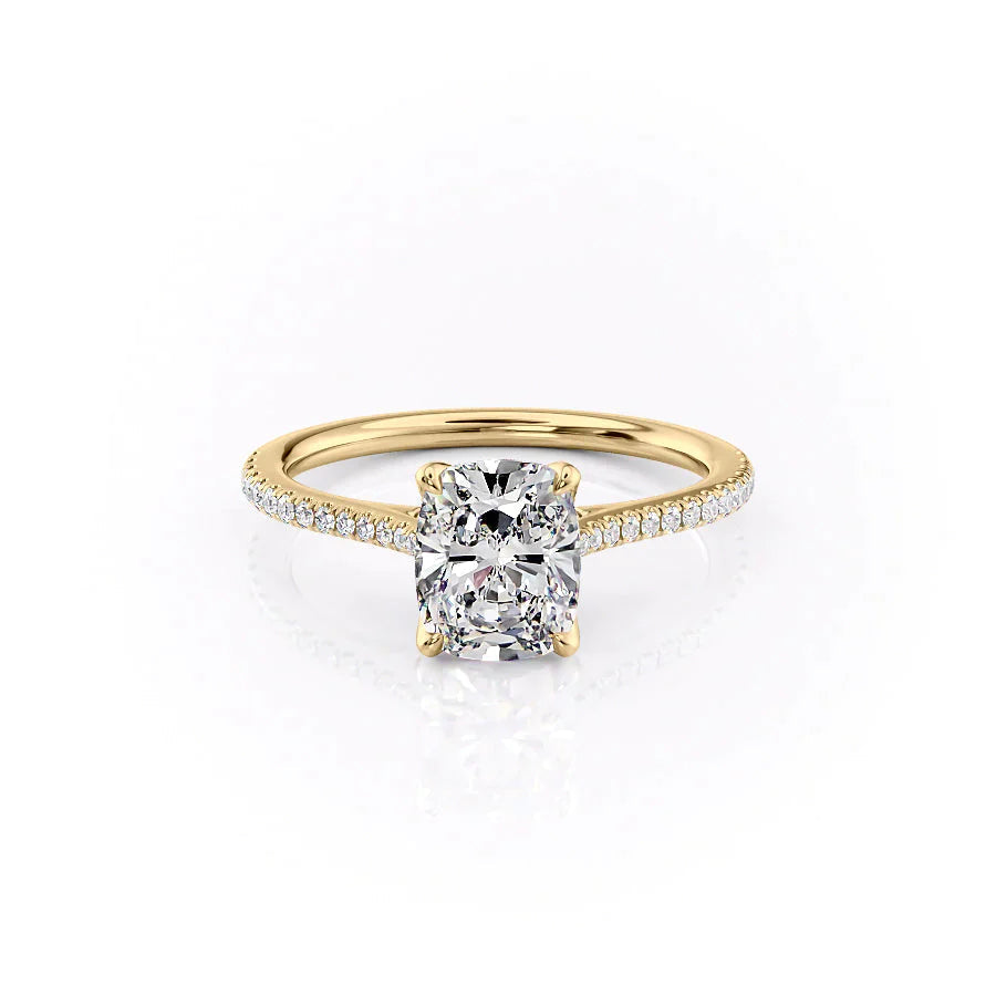 The Pave Madison Set With A 3 Carat E. Cushion 14K Yellow Gold Lab Diamond