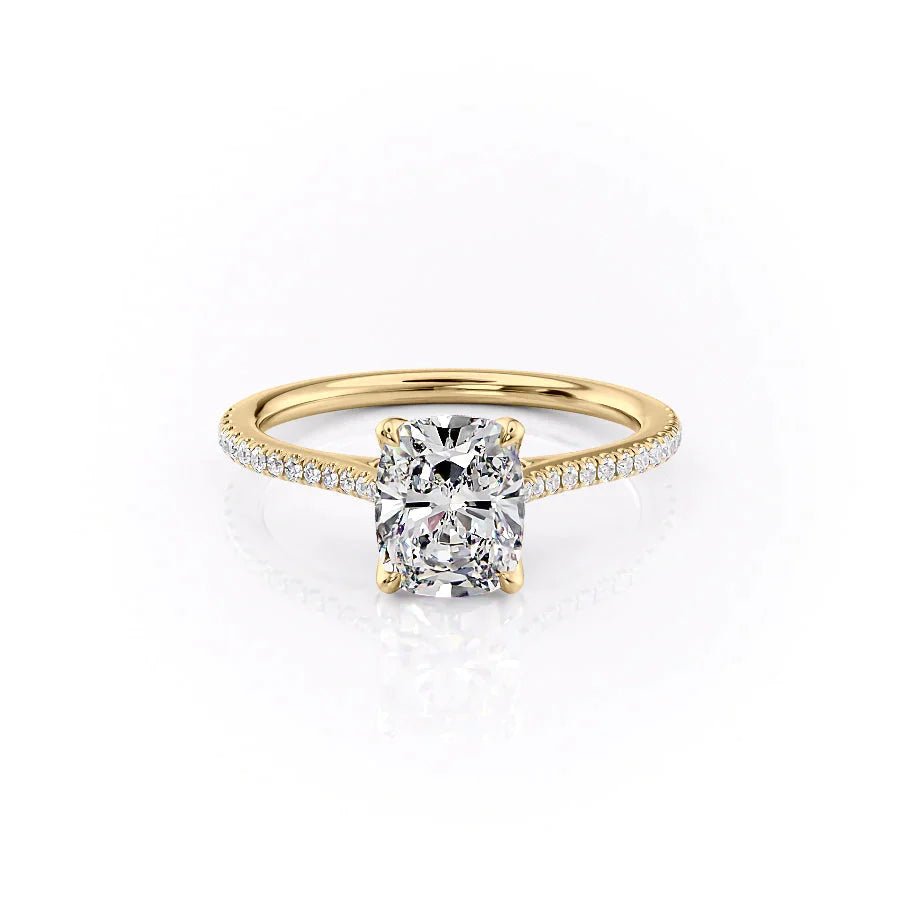 The Pave Madison Set  With A 5 Carat E. Cushion 18K Yellow Gold Moissanite