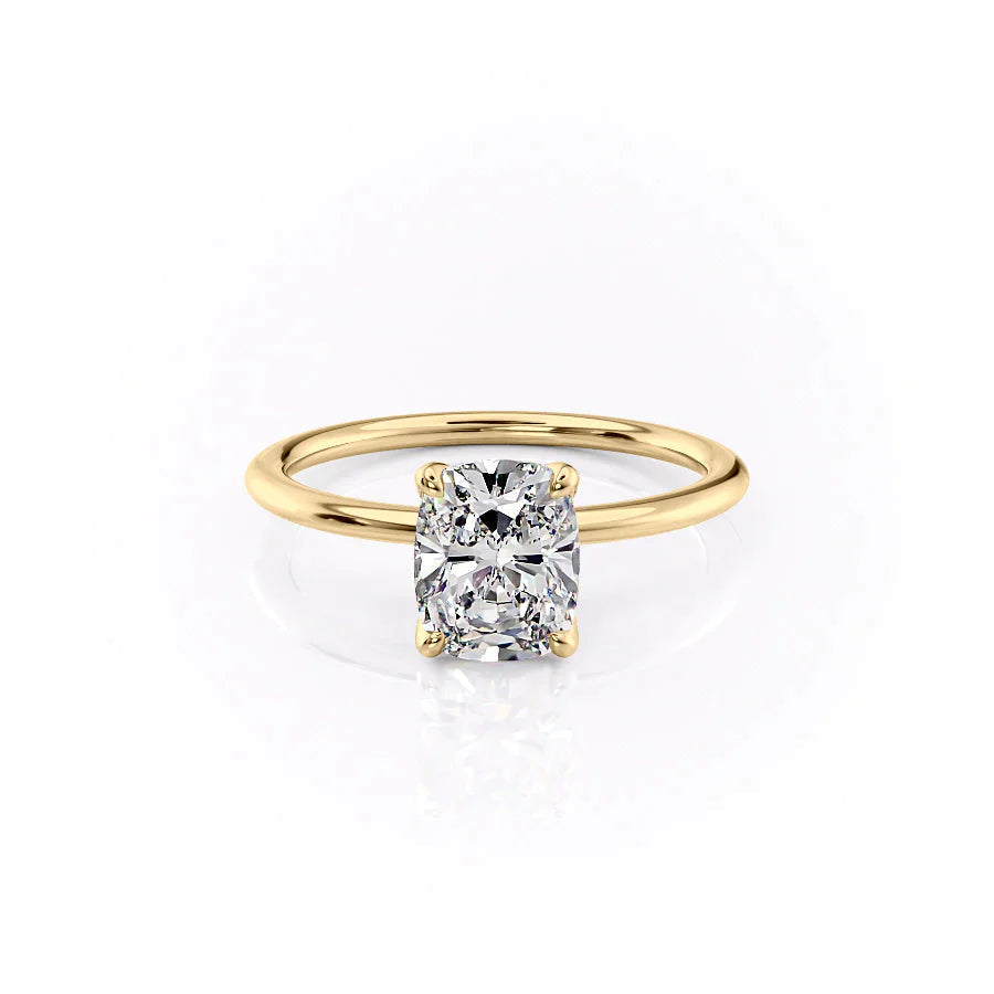The Solitaire Petal Kamellie Set   With A 3 Carat E. Cushion 14K Yellow Gold Moissanite