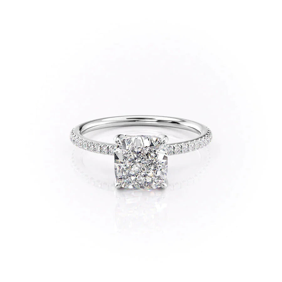 The Pave Petal Kamellie Set With A 1 Carat Cushion 14K White Gold Lab Diamond
