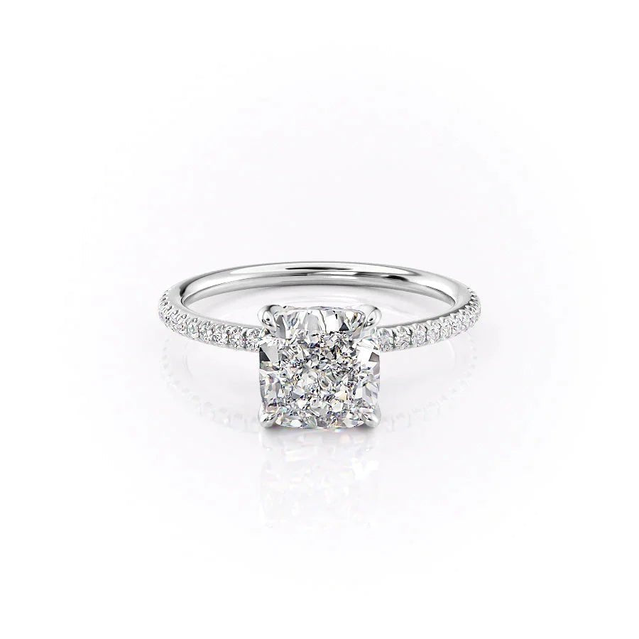 The Pave Petal Kamellie Set  With A 2.5 Carat Cushion 18K White Gold Moissanite