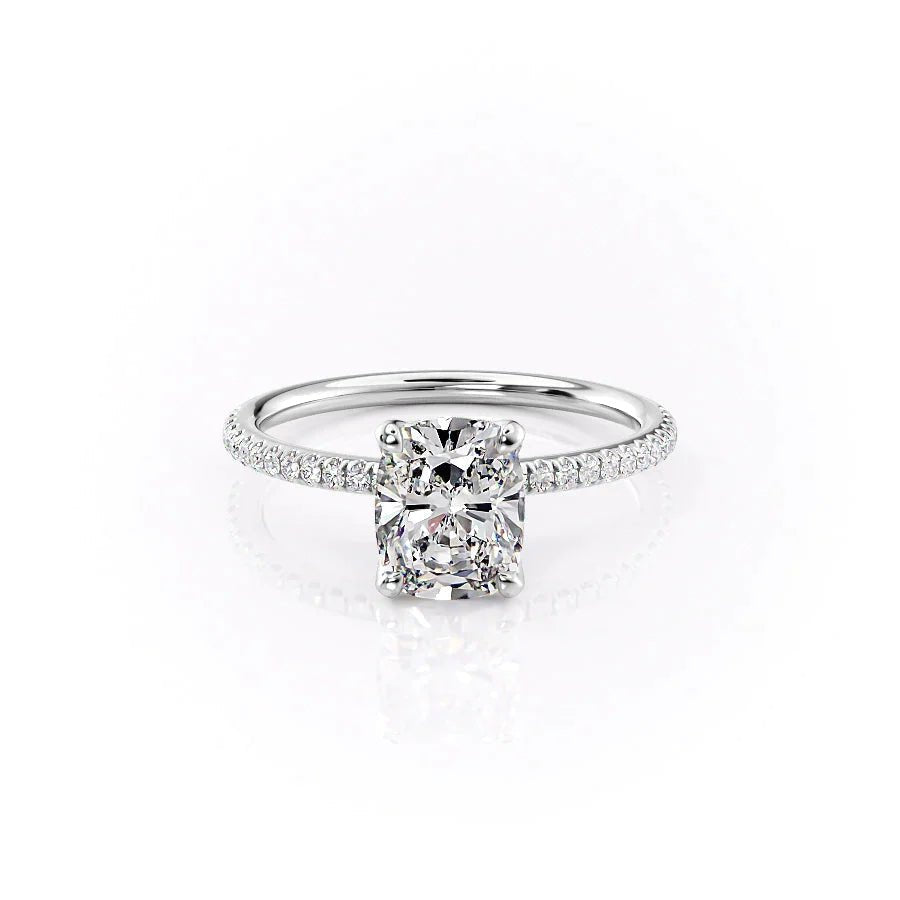 The Pave Petal Kamellie Set  With A 3 Carat E. Cushion 18K White Gold Moissanite
