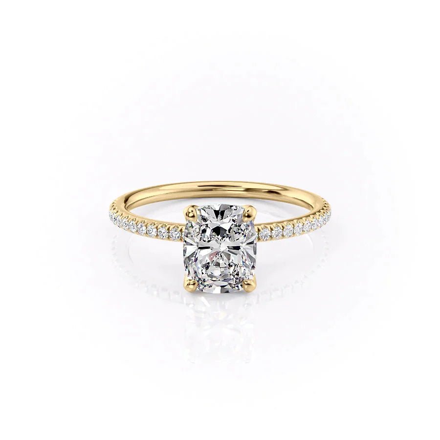 The Pave Petal Kamellie Set  With A 3 Carat E. Cushion 14K Yellow Gold Moissanite