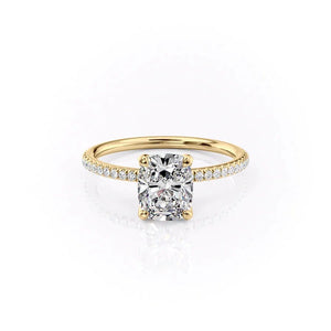 The Pave Petal Kamellie Set  With A 3 Carat E. Cushion 14K Yellow Gold Moissanite