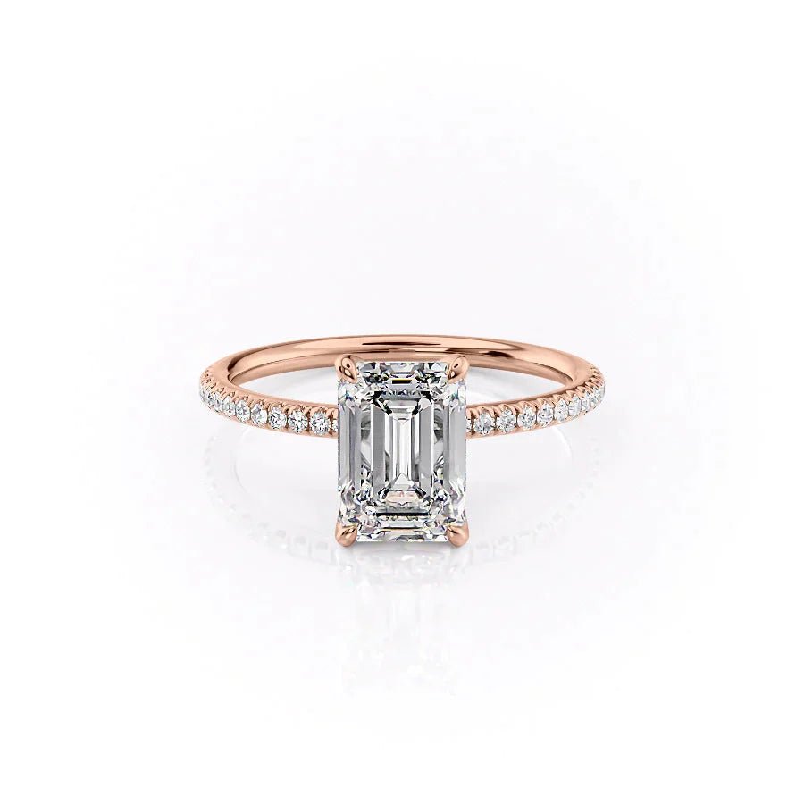 The Pave Petal Kamellie Set  With A 4 Carat Emerald 14K Rose Gold Moissanite