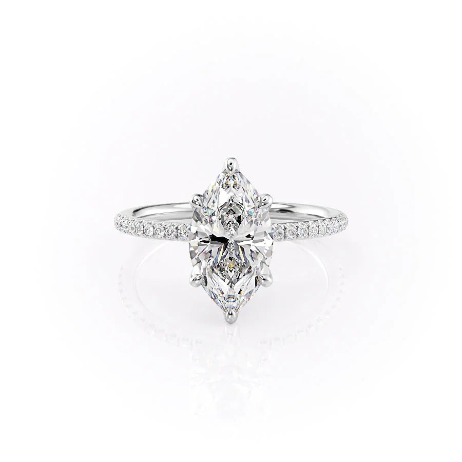 The Pave Petal Kamellie Set  With A 1 Carat Marquise 18K White Gold Moissanite