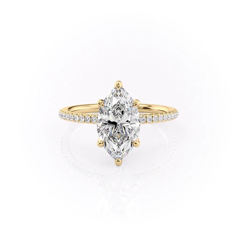 The Pave Petal Kamellie Set  With A 5 Carat Marquise 14K Yellow Gold Moissanite