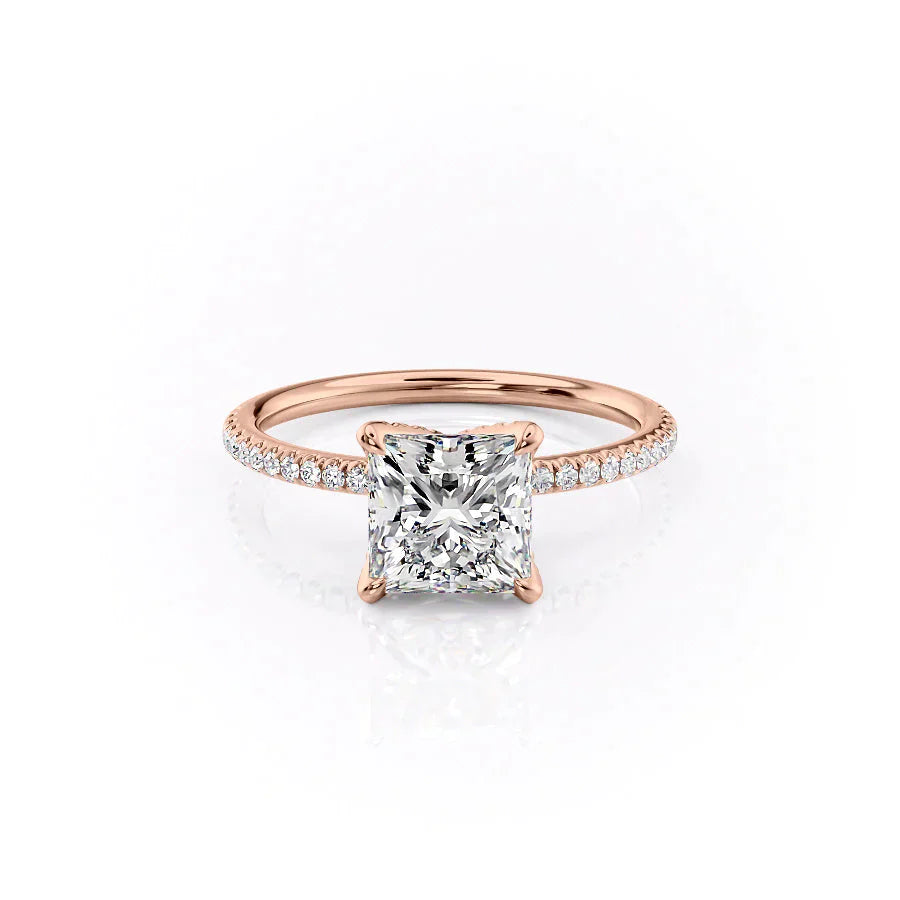 The Petal Kamellie Set With A 3 Carat Princess 14K Rose Gold Lab Diamond