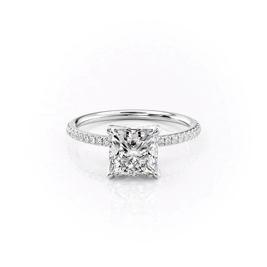 The Pave Petal Kamellie Set  With A 3 Carat Princess 18K White Gold Moissanite