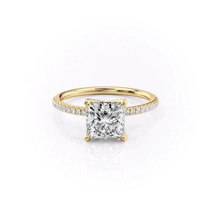 The Pave Petal Kamellie Set  With A 3 Carat Princess 18K Yellow Gold Moissanite