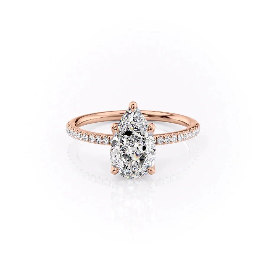 The Pave Petal Kamellie Set  With A 5 Carat Pear 18K Rose Gold Moissanite