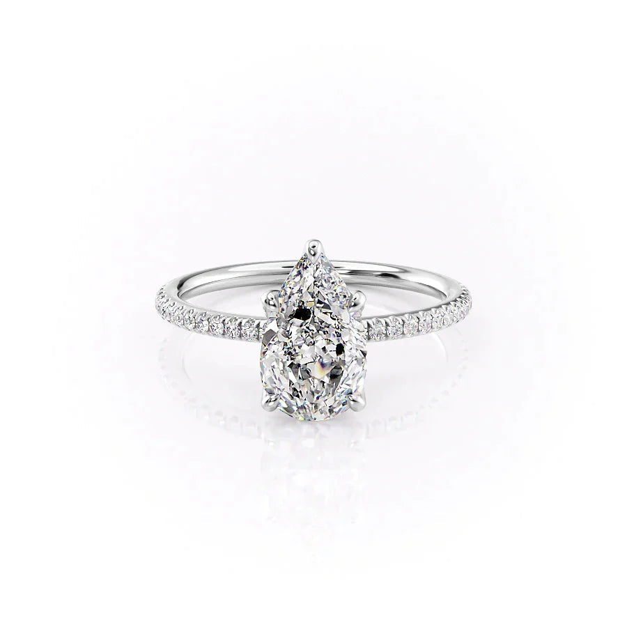 The Pave Petal Kamellie Set  With A 1 Carat Pear 18K White Gold Moissanite