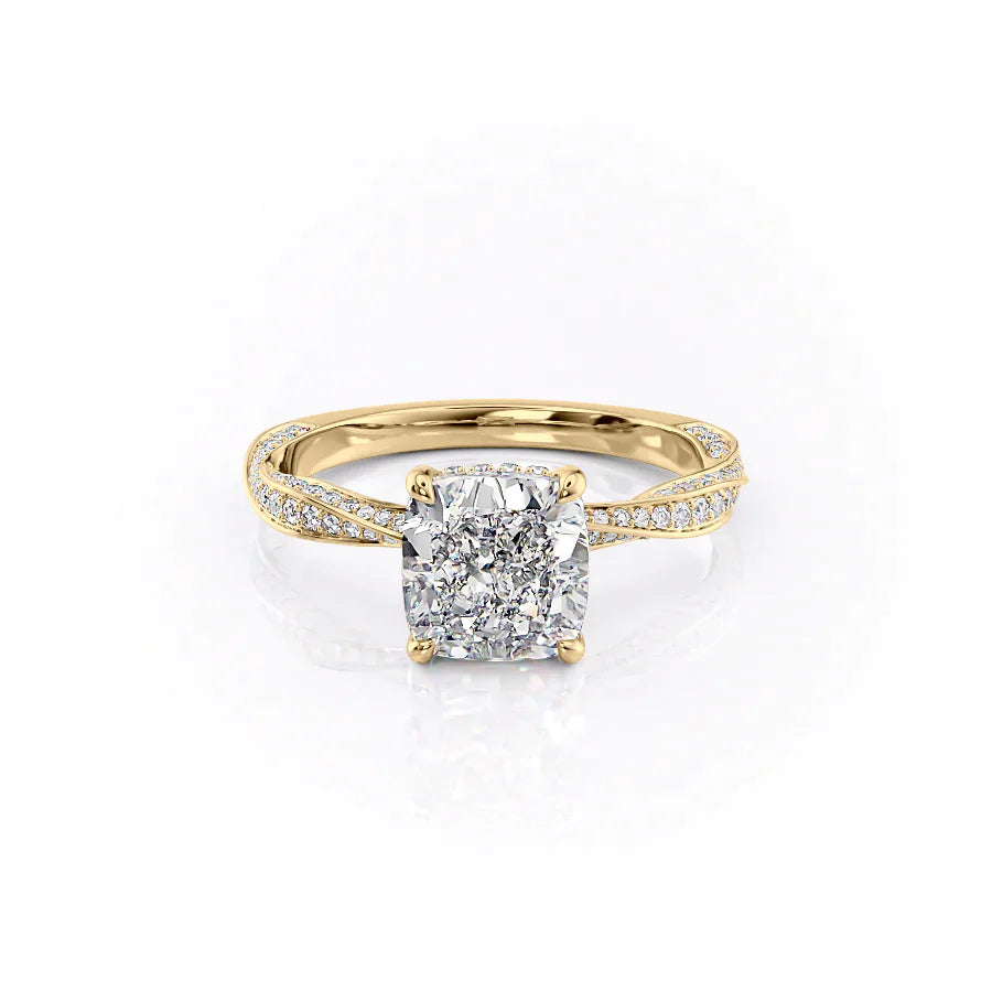 The Caroline Set  With A 1 Carat Cushion 14K Yellow Gold Moissanite