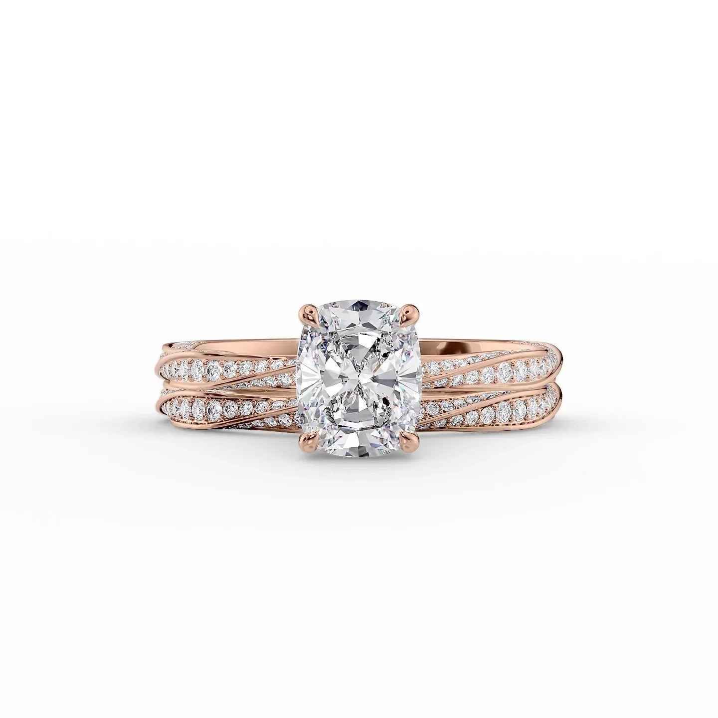 The Caroline Set  With A 2 Carat E. Cushion 14K Rose Gold Moissanite