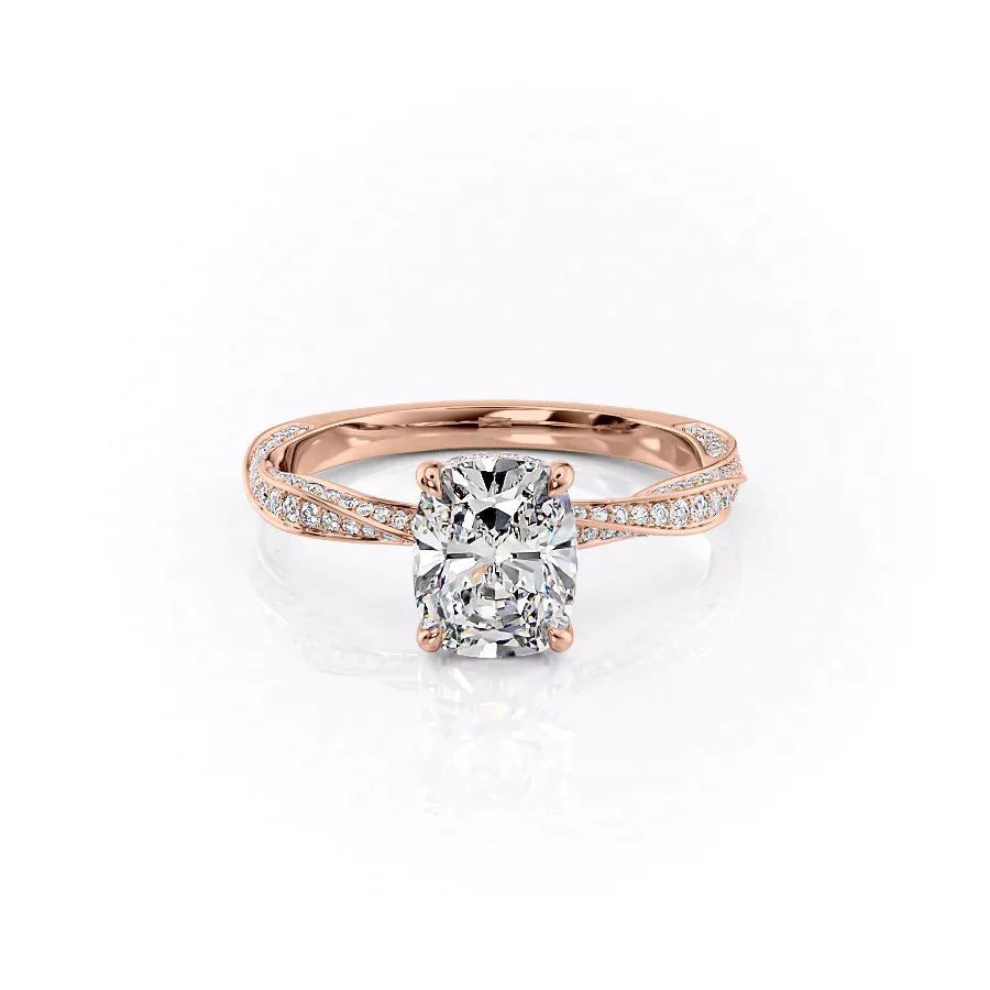 The Caroline Set  With A 1 Carat E. Cushion 14K Rose Gold Moissanite