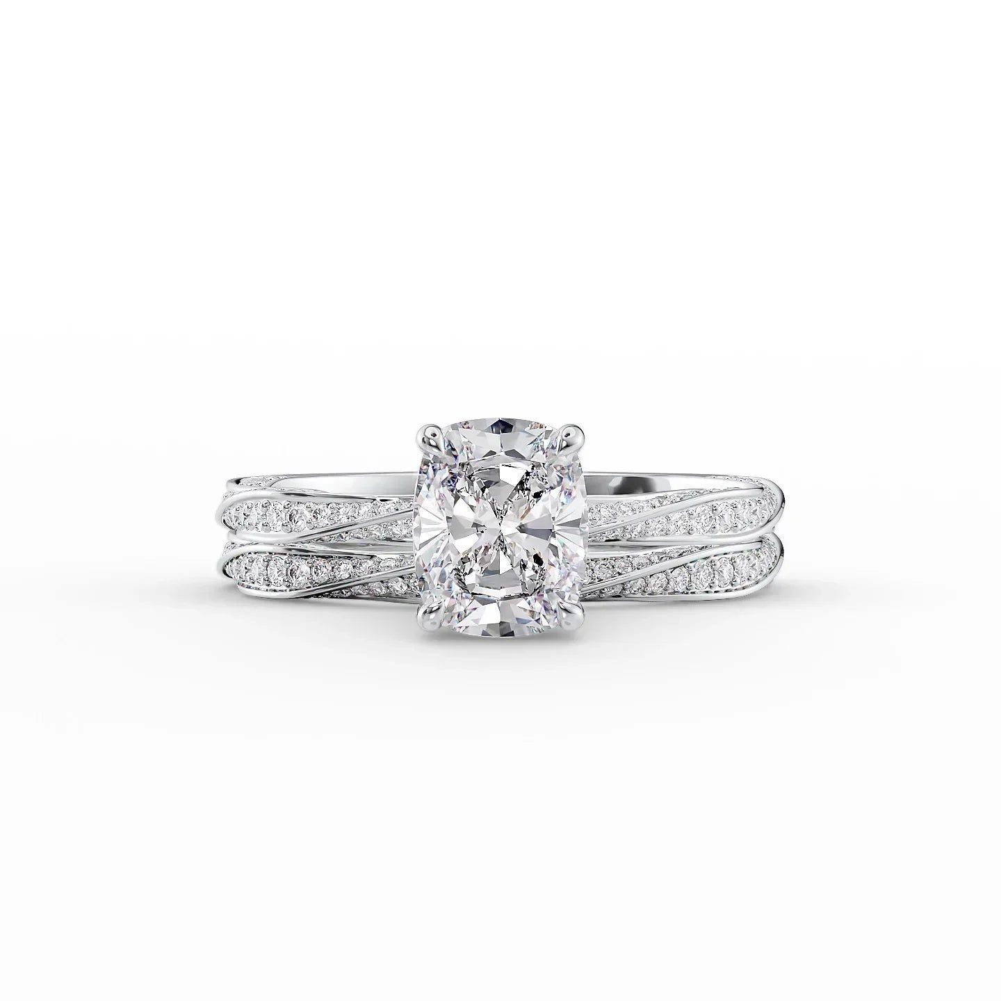 The Caroline Set  With A 3.5 Carat E. Cushion 14K White Gold Moissanite