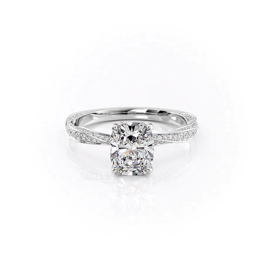 The Caroline Set  With A 1 Carat E. Cushion 18K White Gold Moissanite